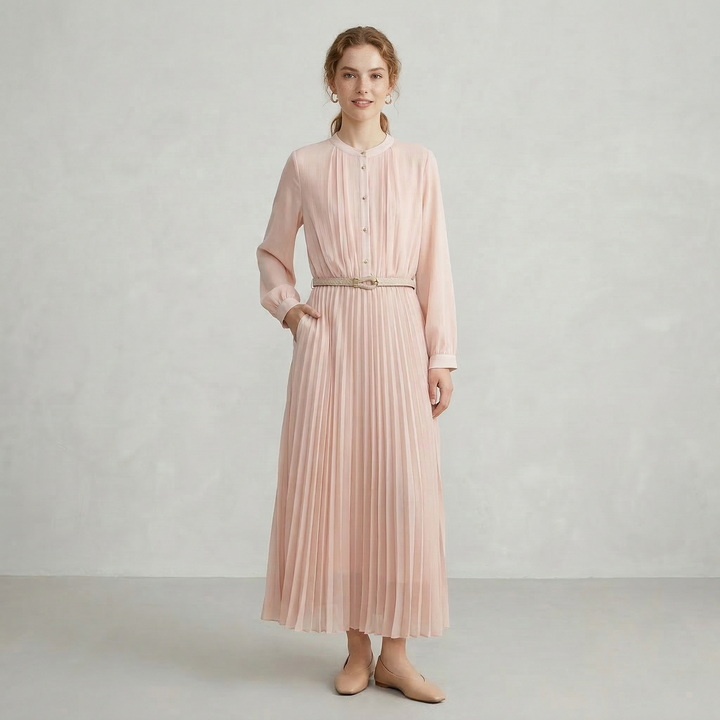 Valantomode | Elegant Lantern Sleeve Chiffon Maxi Dress with Belt