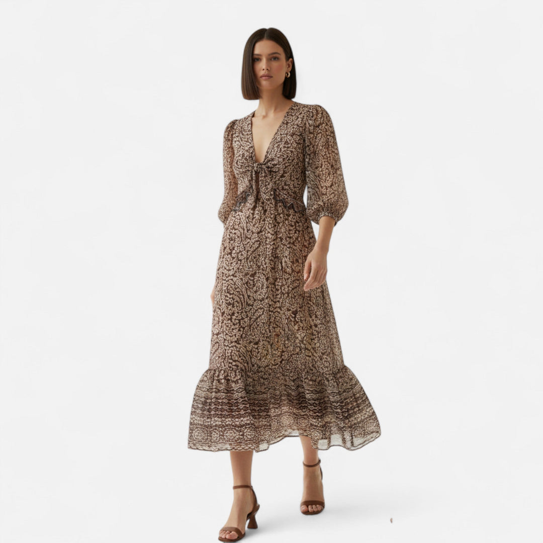 Valantomode | Women’s Printed Midi Dress with V-Neck