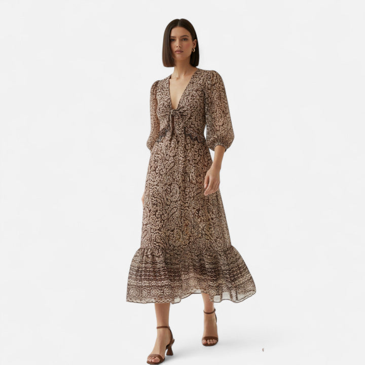 Valantomode | Women’s Printed Midi Dress with V-Neck