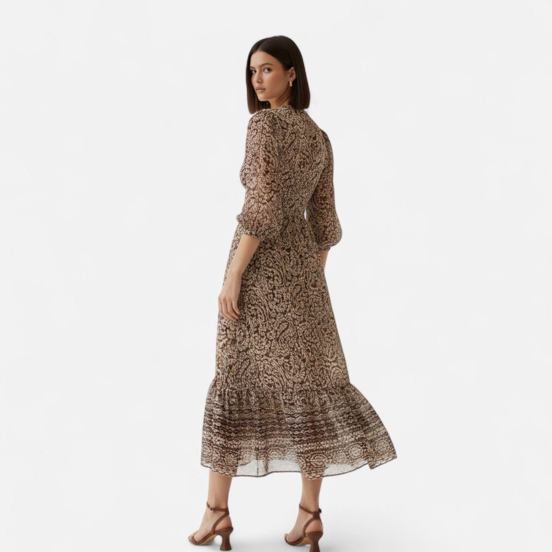 Valantomode | Women’s Printed Midi Dress with V-Neck