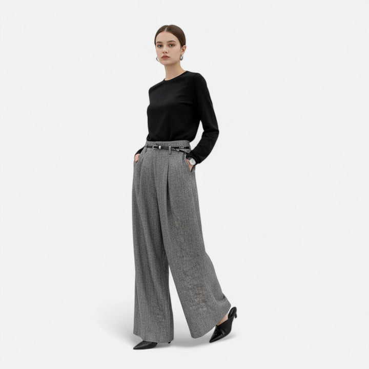 Valantomode | Women’s High-Waist Tweed Wide-Leg Pants with Pleated Detail