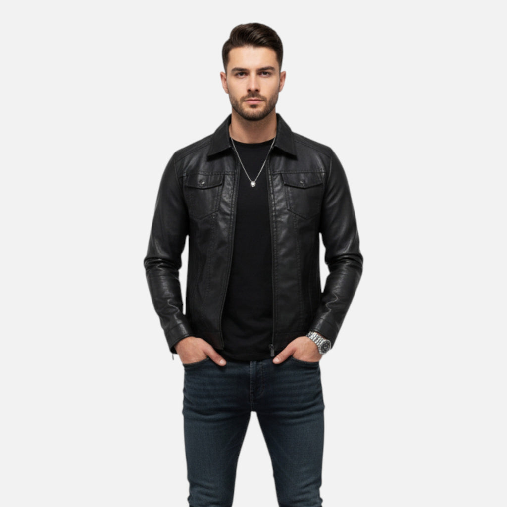 ValantoMode | Men’s Black Leather Coat – Modern Fit
