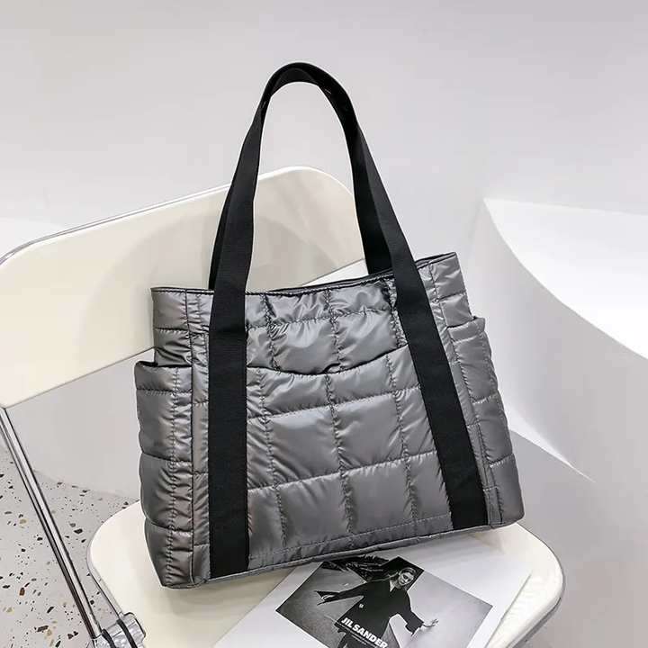 Valantomode | The Satin Aegis Logistics – Women's Premium Quilted High-Glow Tote Bag