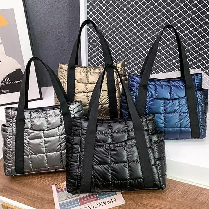 Valantomode | The Satin Aegis Logistics – Women's Premium Quilted High-Glow Tote Bag