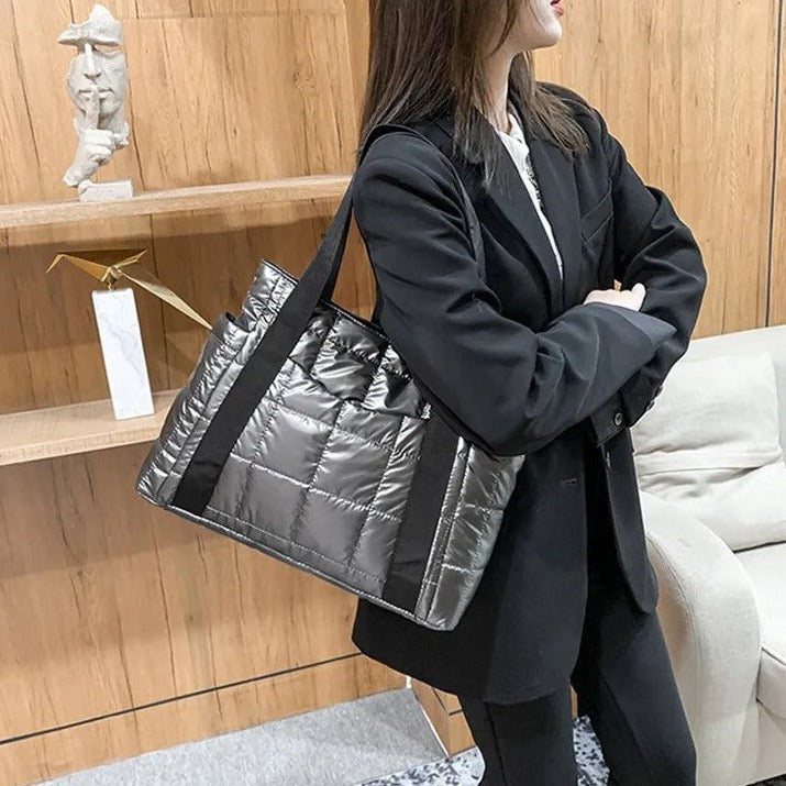 Valantomode | The Satin Aegis Logistics – Women's Premium Quilted High-Glow Tote Bag