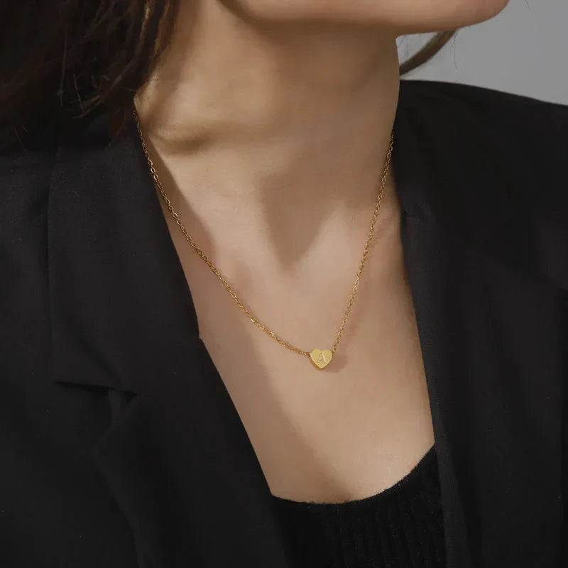Valantomode | Plated Heart Muse Initial Necklace with Alphanumeric Cordiform Architecture