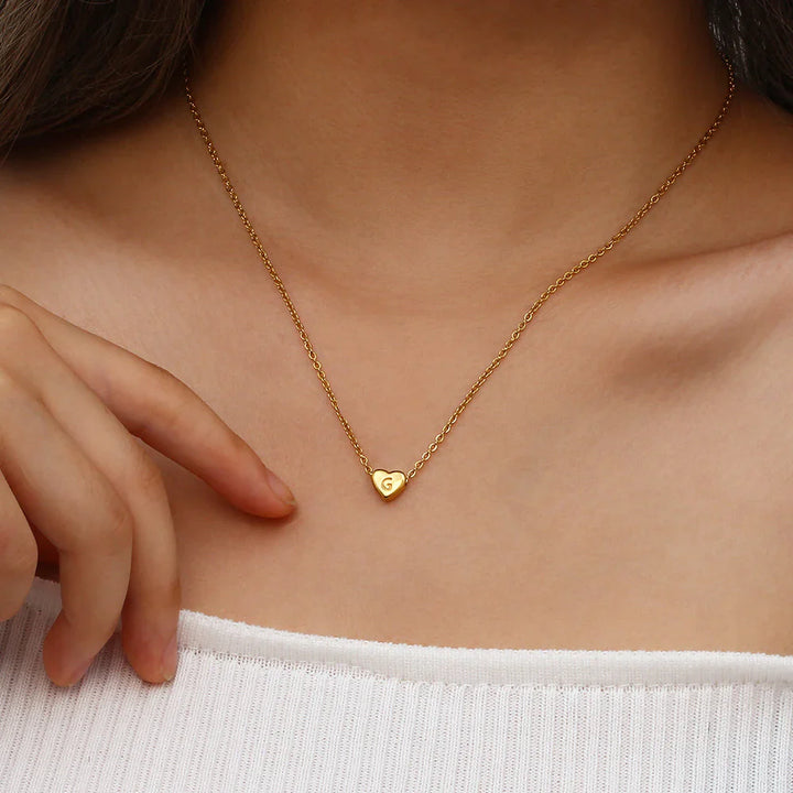 Valantomode | Plated Heart Muse Initial Necklace with Alphanumeric Cordiform Architecture