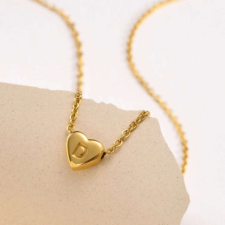 Valantomode | Plated Heart Muse Initial Necklace with Alphanumeric Cordiform Architecture