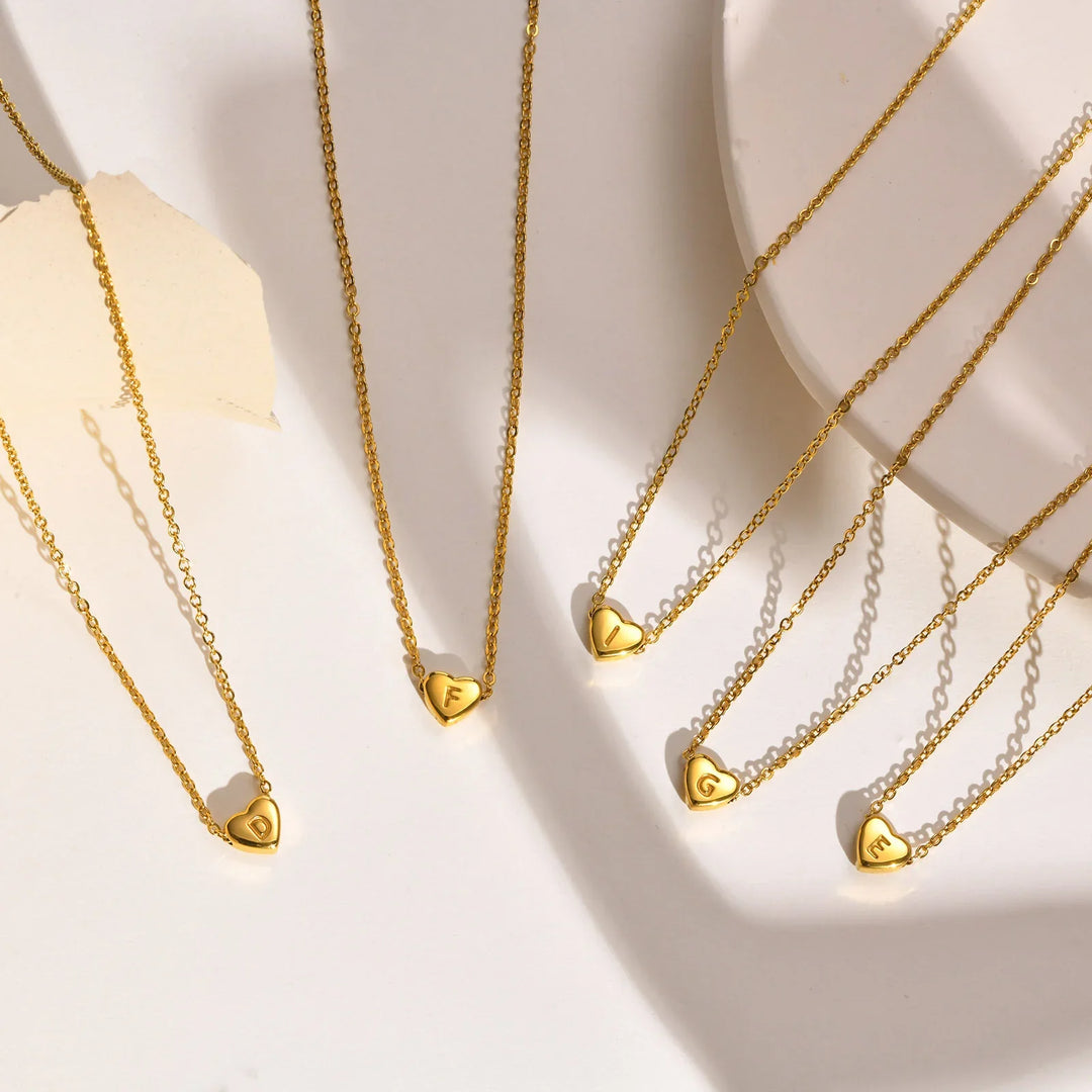 Valantomode | Plated Heart Muse Initial Necklace with Alphanumeric Cordiform Architecture
