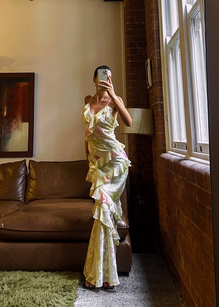 Valantomode | Elegant Yellow Ruffle Evening Dress for Stunning Nights