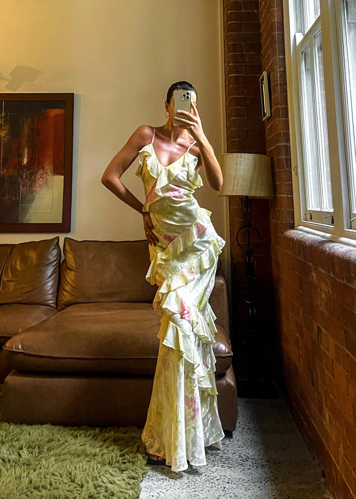Valantomode | Elegant Yellow Ruffle Evening Dress for Stunning Nights