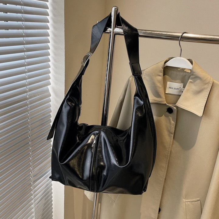 Valantomode | Aura Horizon Crescent – 54cm Oversized Vegan Leather Curved Crossbody Bag