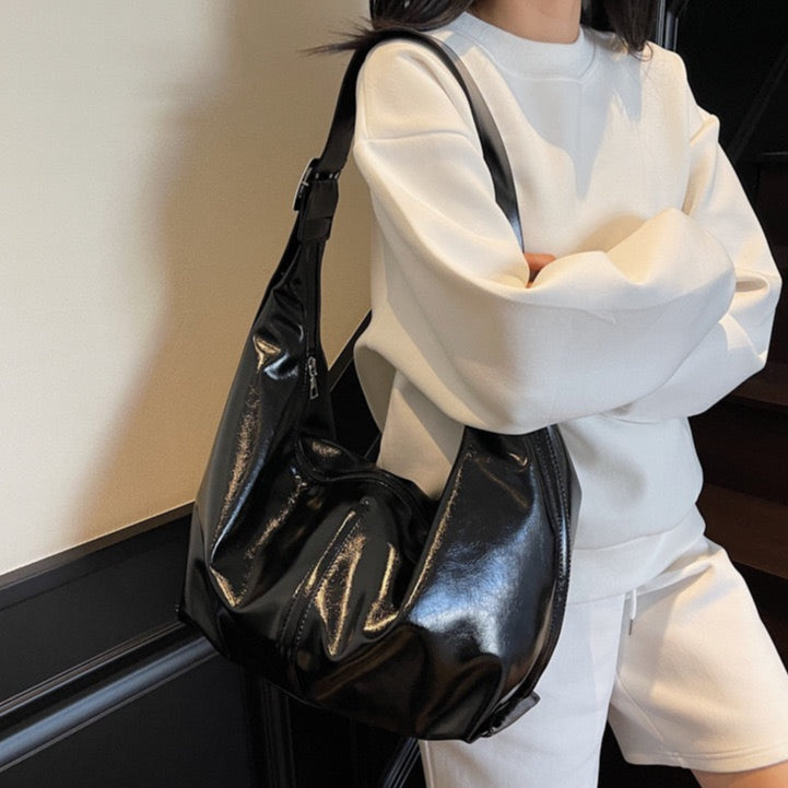 Valantomode | Aura Horizon Crescent – 54cm Oversized Vegan Leather Curved Crossbody Bag
