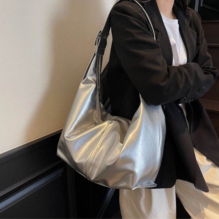 Valantomode | Aura Horizon Crescent – 54cm Oversized Vegan Leather Curved Crossbody Bag