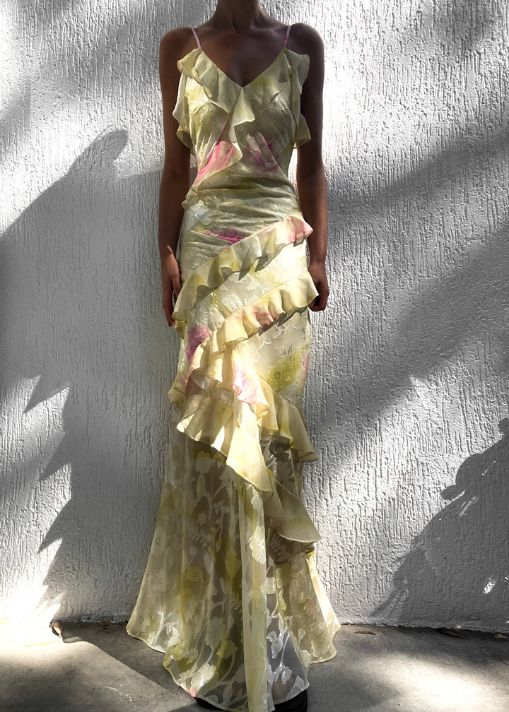 Valantomode | Elegant Yellow Ruffle Evening Dress for Stunning Nights
