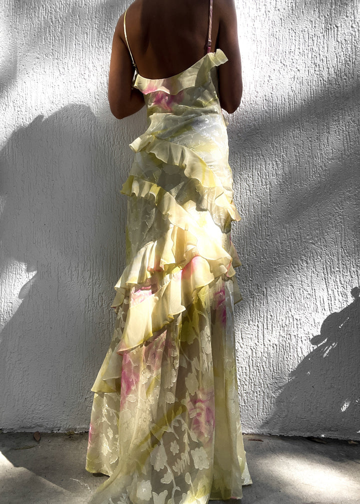 Valantomode | Elegant Yellow Ruffle Evening Dress for Stunning Nights