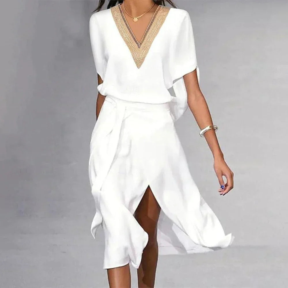 Valantomode | Stylish White Midi Dress with V-Neck for Every Occasion