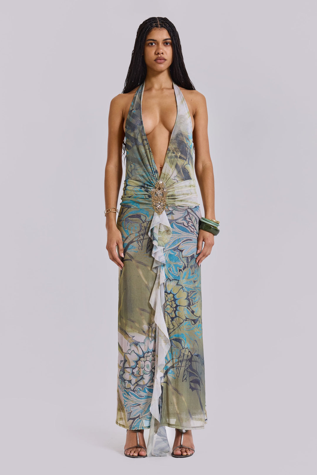 Valantomode | Stunning Green Maxi Dress with Plunge Neckline for Women