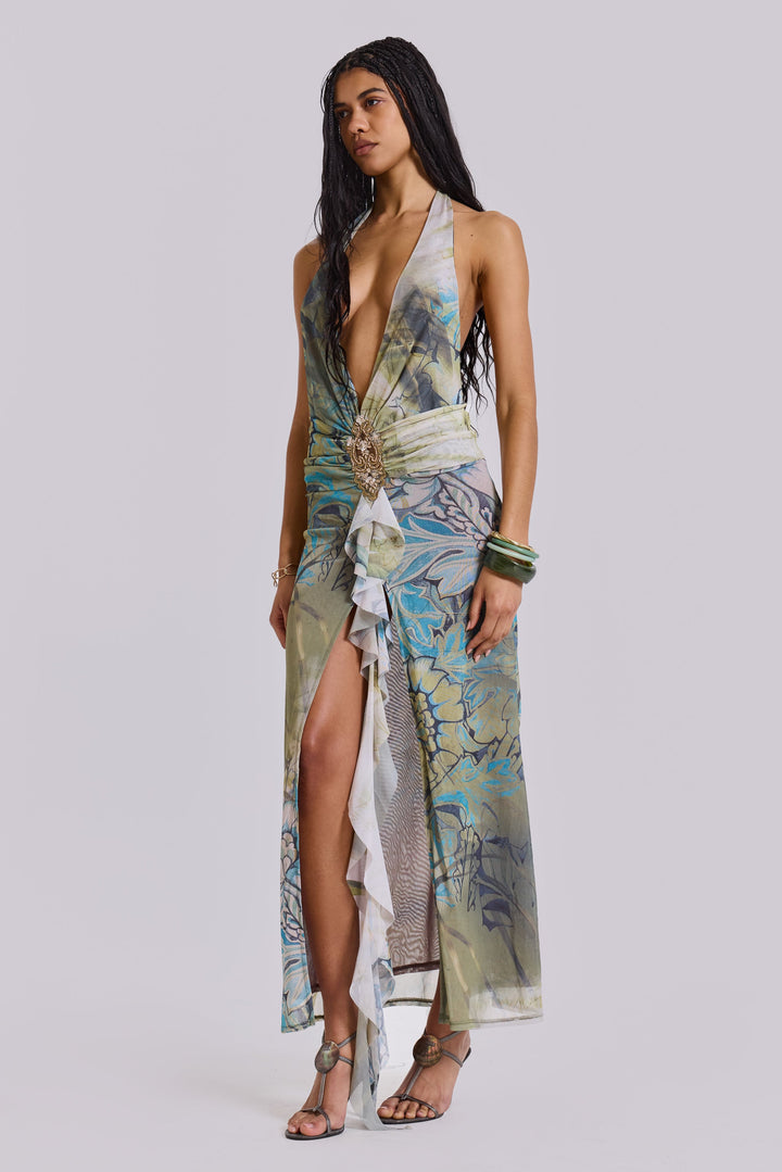 Valantomode | Stunning Green Maxi Dress with Plunge Neckline for Women