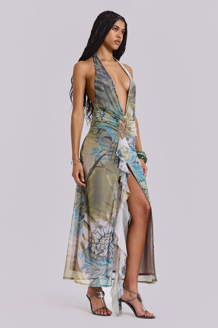 Valantomode | Stunning Green Maxi Dress with Plunge Neckline for Women