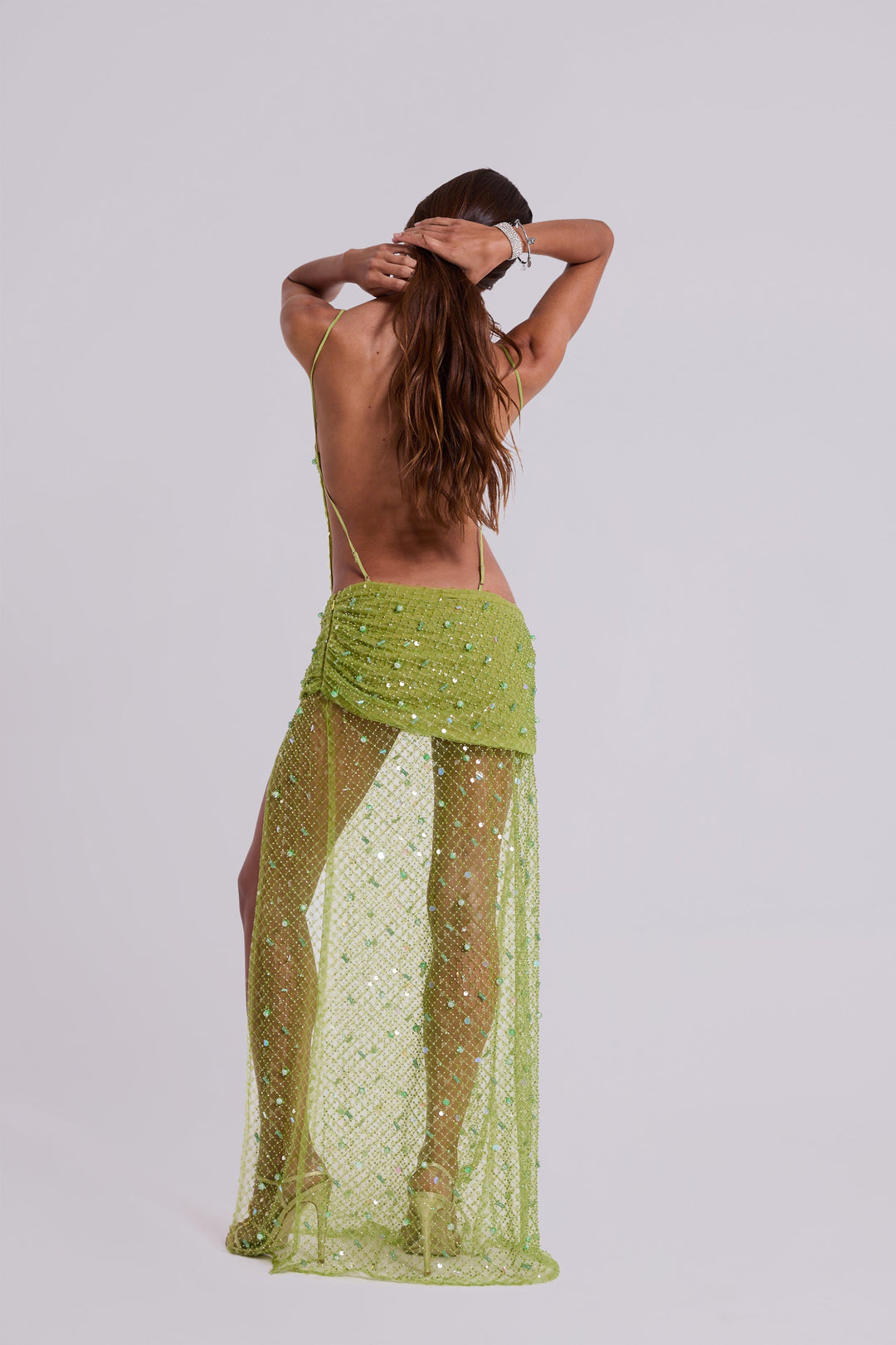 Valantomode | Lime Asymmetric Maxi Dress with Hand Beaded Details