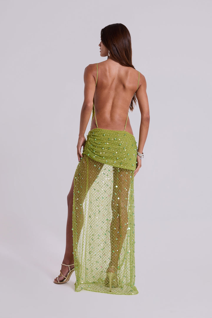 Valantomode | Lime Asymmetric Maxi Dress with Hand Beaded Details