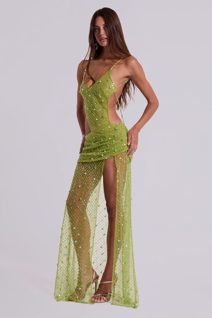 Valantomode | Lime Asymmetric Maxi Dress with Hand Beaded Details