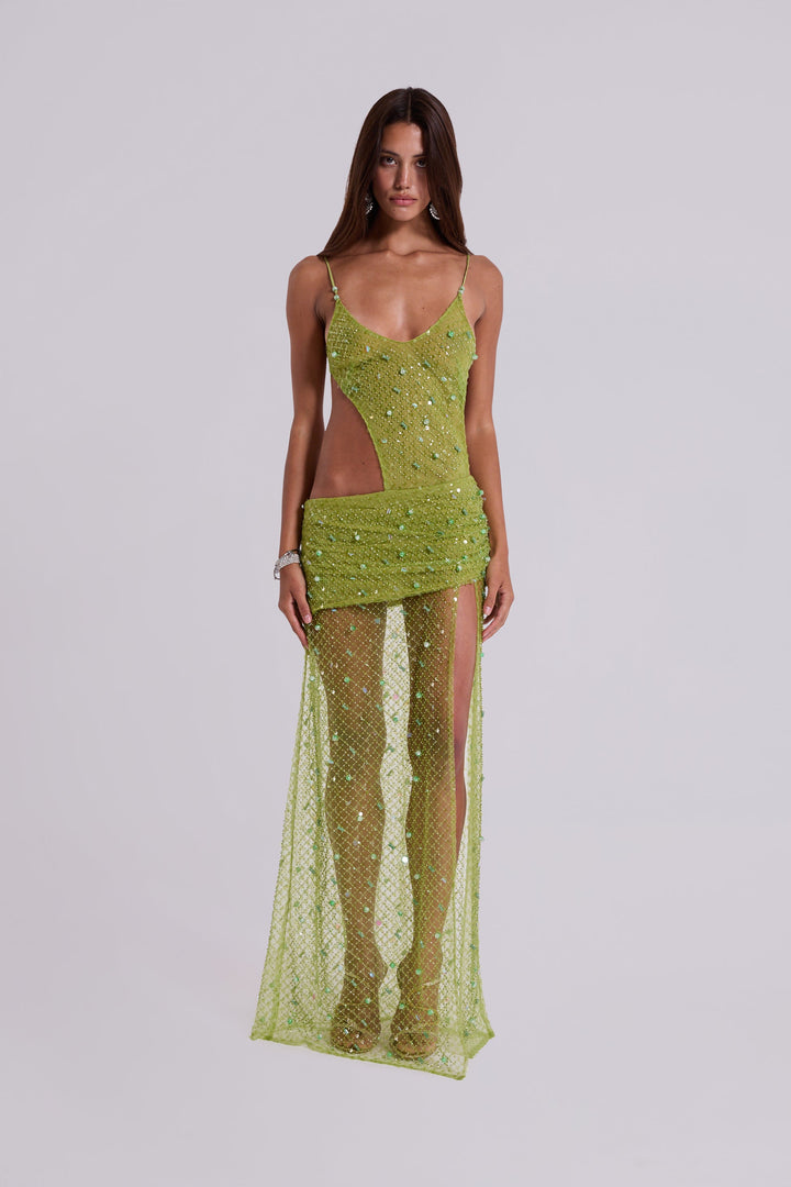 Valantomode | Lime Asymmetric Maxi Dress with Hand Beaded Details