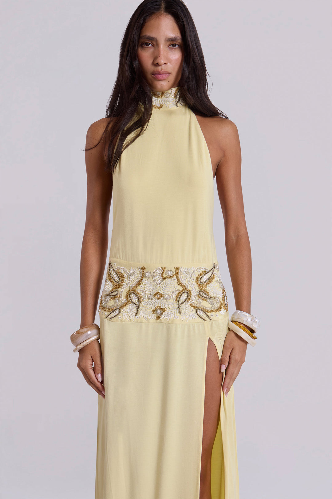 Valantomode | Stunning Backless Maxi Dress with Hand Beading in Butter