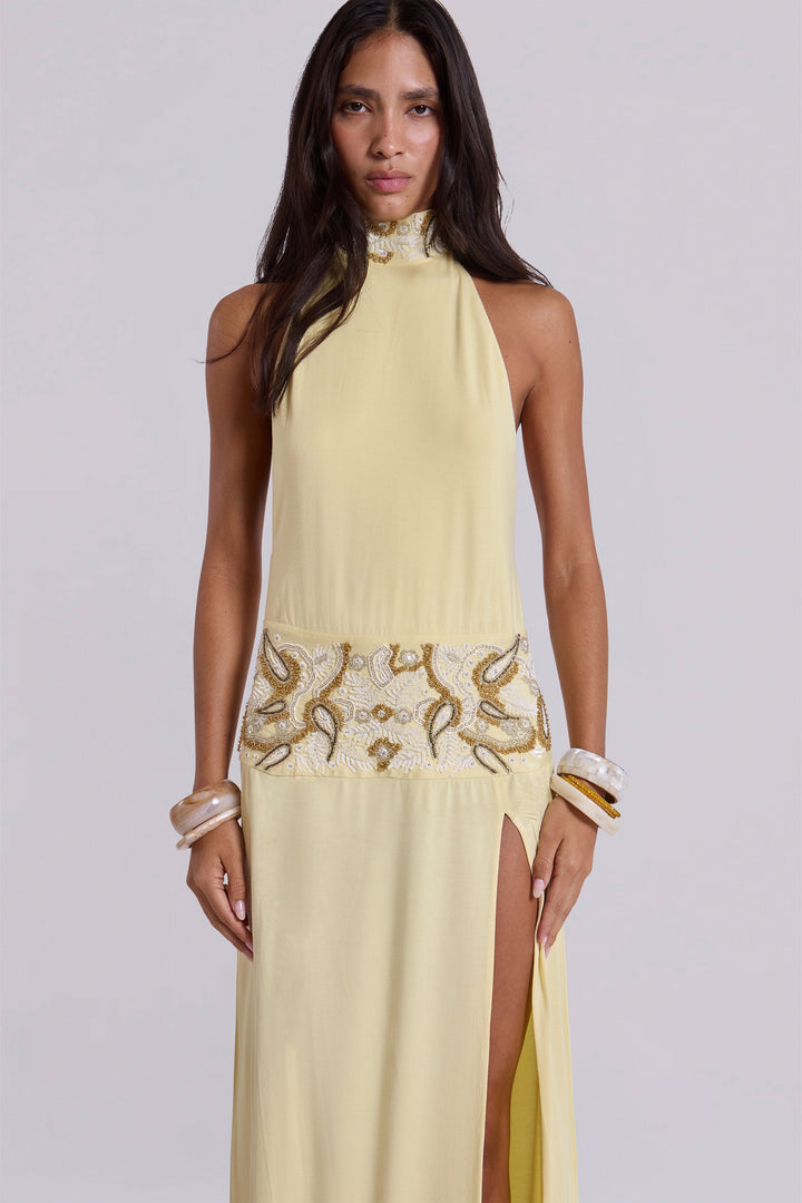 Valantomode | Stunning Backless Maxi Dress with Hand Beading in Butter