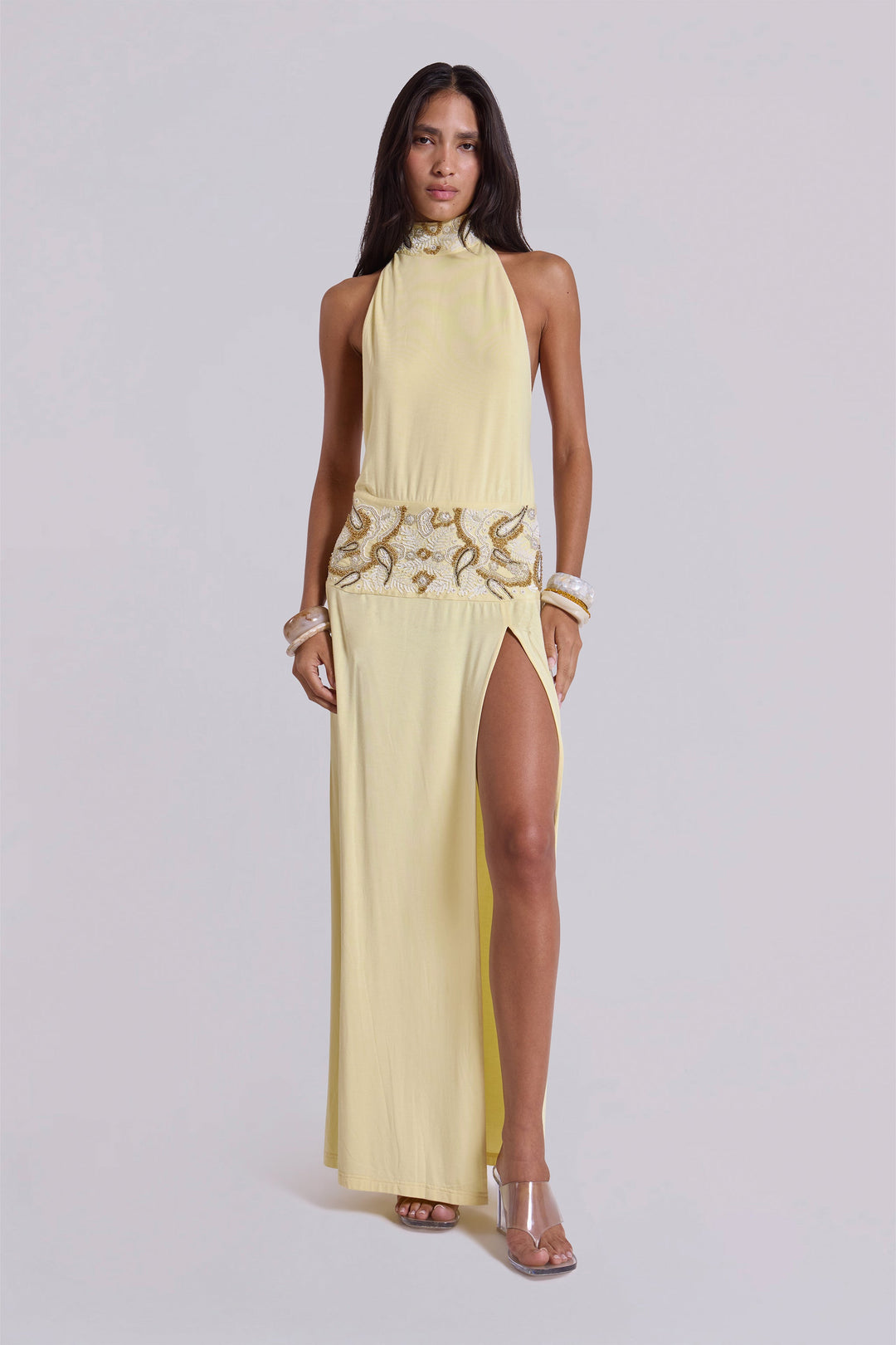 Valantomode | Stunning Backless Maxi Dress with Hand Beading in Butter