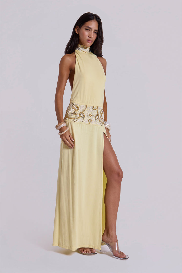 Valantomode | Stunning Backless Maxi Dress with Hand Beading in Butter