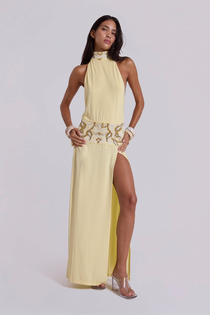 Valantomode | Stunning Backless Maxi Dress with Hand Beading in Butter