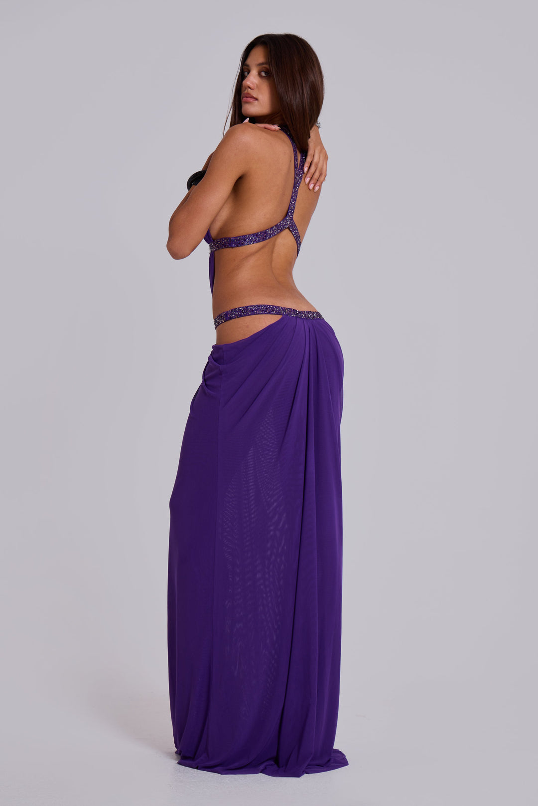 Valantomode | Chic Violet Maxi Dress with Cut Out Details for Events