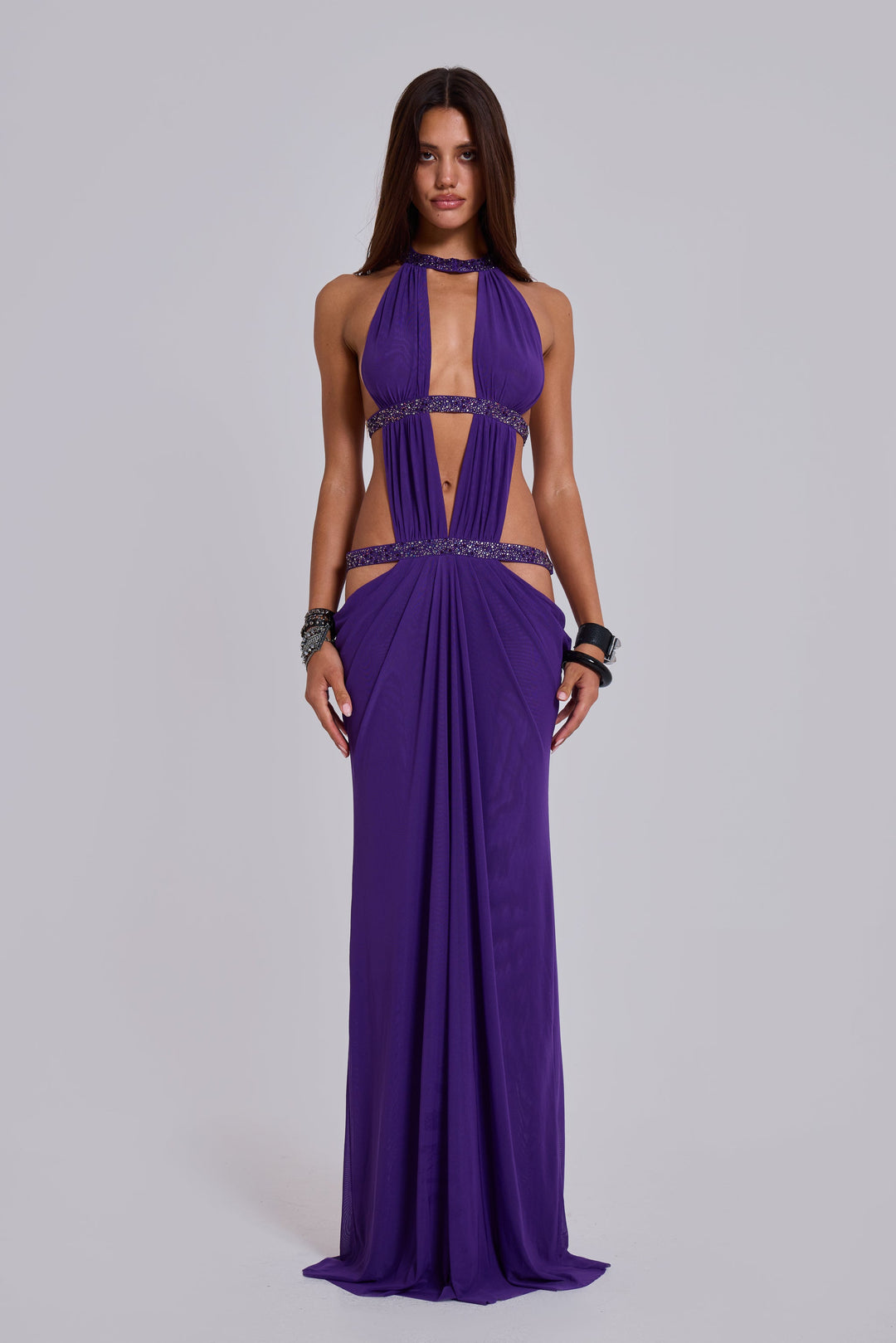 Valantomode | Chic Violet Maxi Dress with Cut Out Details for Events