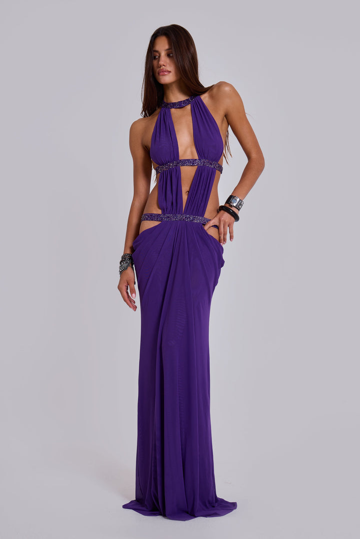 Valantomode | Chic Violet Maxi Dress with Cut Out Details for Events