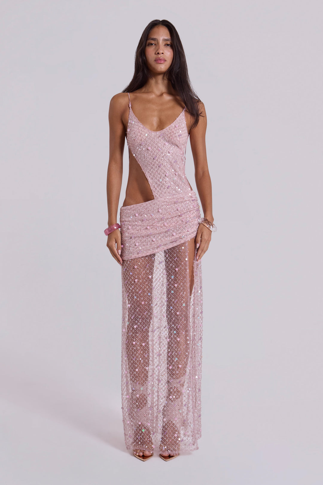 Valantomode | Stunning Pink Hand Beaded Maxi Dress for Women