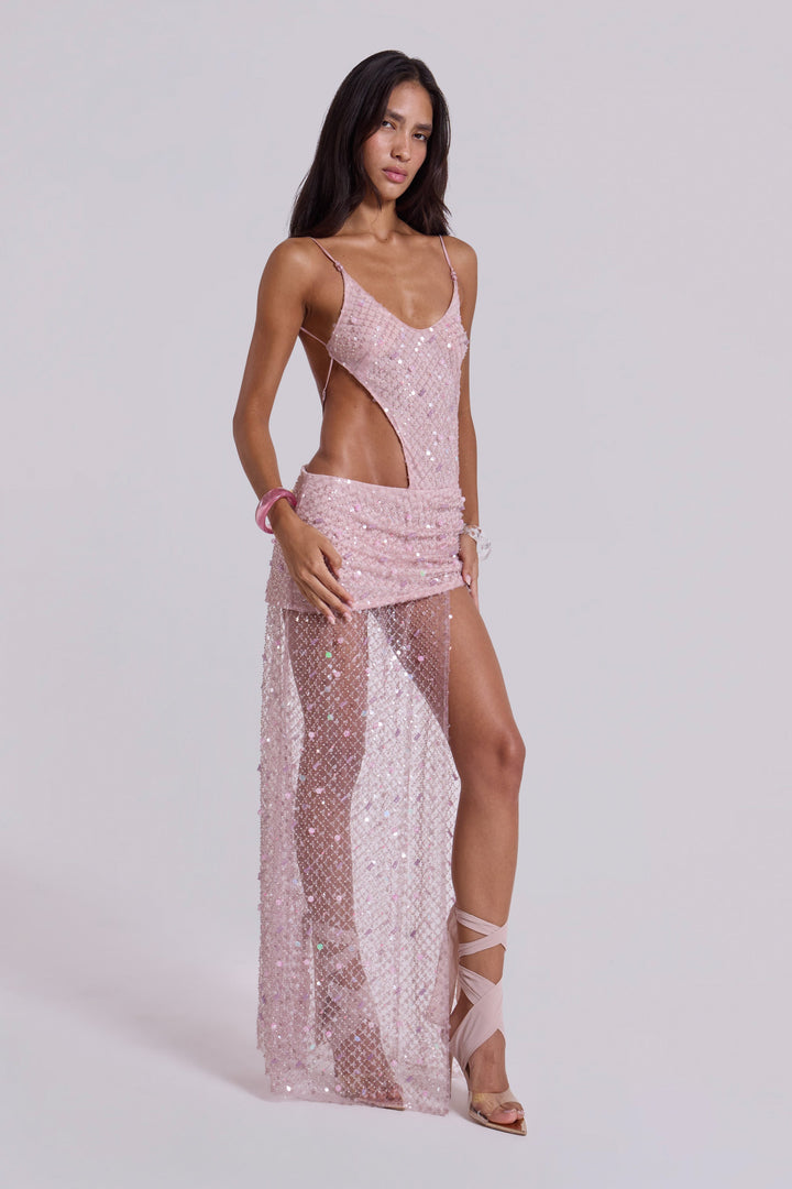 Valantomode | Stunning Pink Hand Beaded Maxi Dress for Women