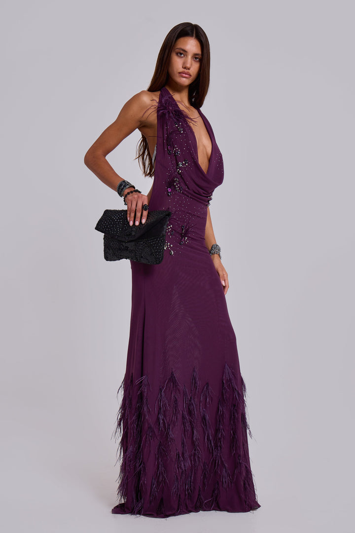 Valantomode | Stunning Maxi Dress with Feather Accents for Special Events