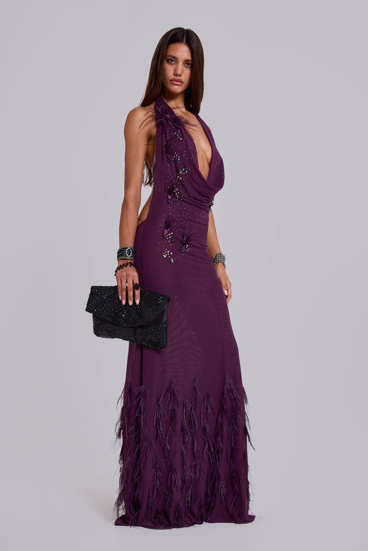 Valantomode | Stunning Maxi Dress with Feather Accents for Special Events