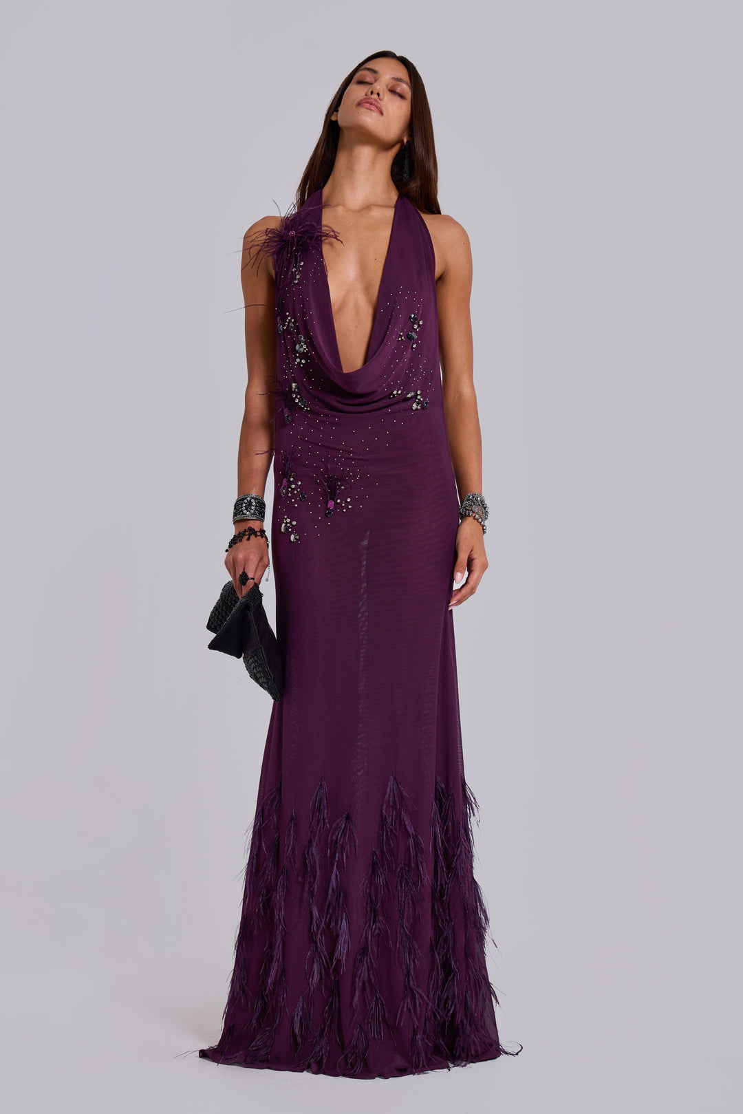 Valantomode | Stunning Maxi Dress with Feather Accents for Special Events