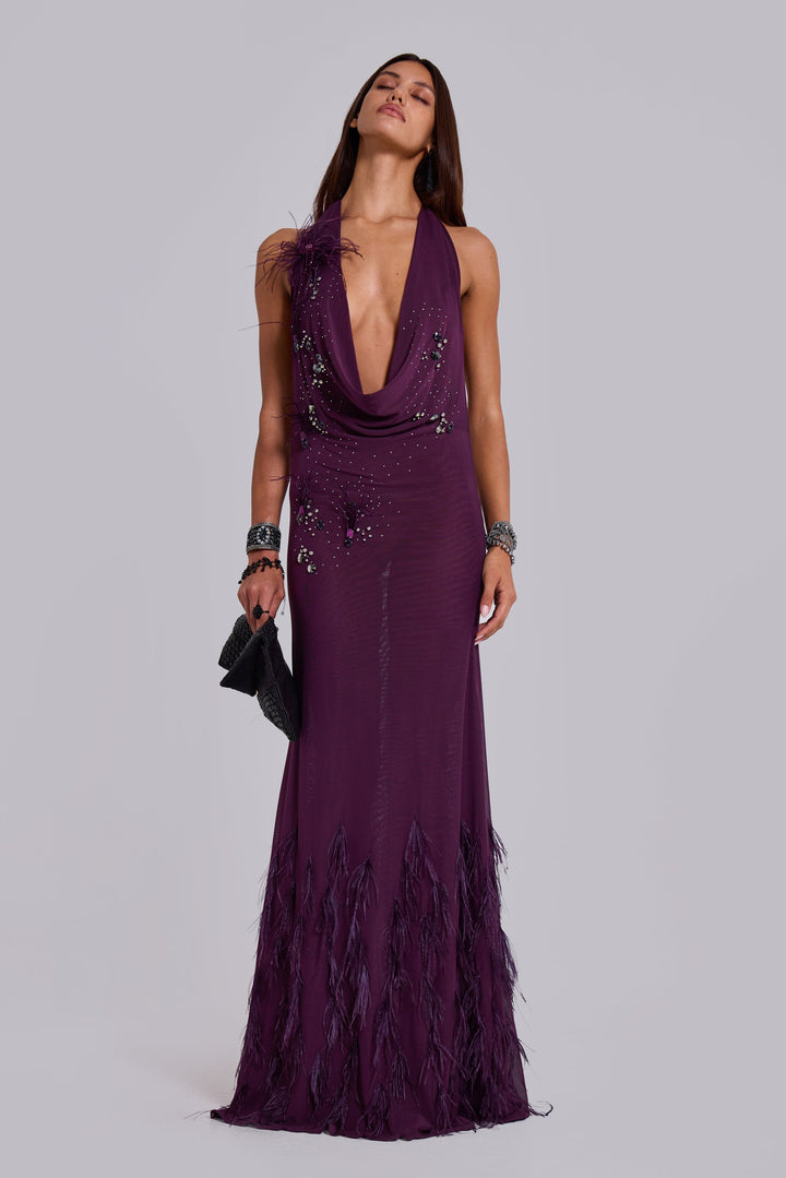 Valantomode | Stunning Maxi Dress with Feather Accents for Special Events
