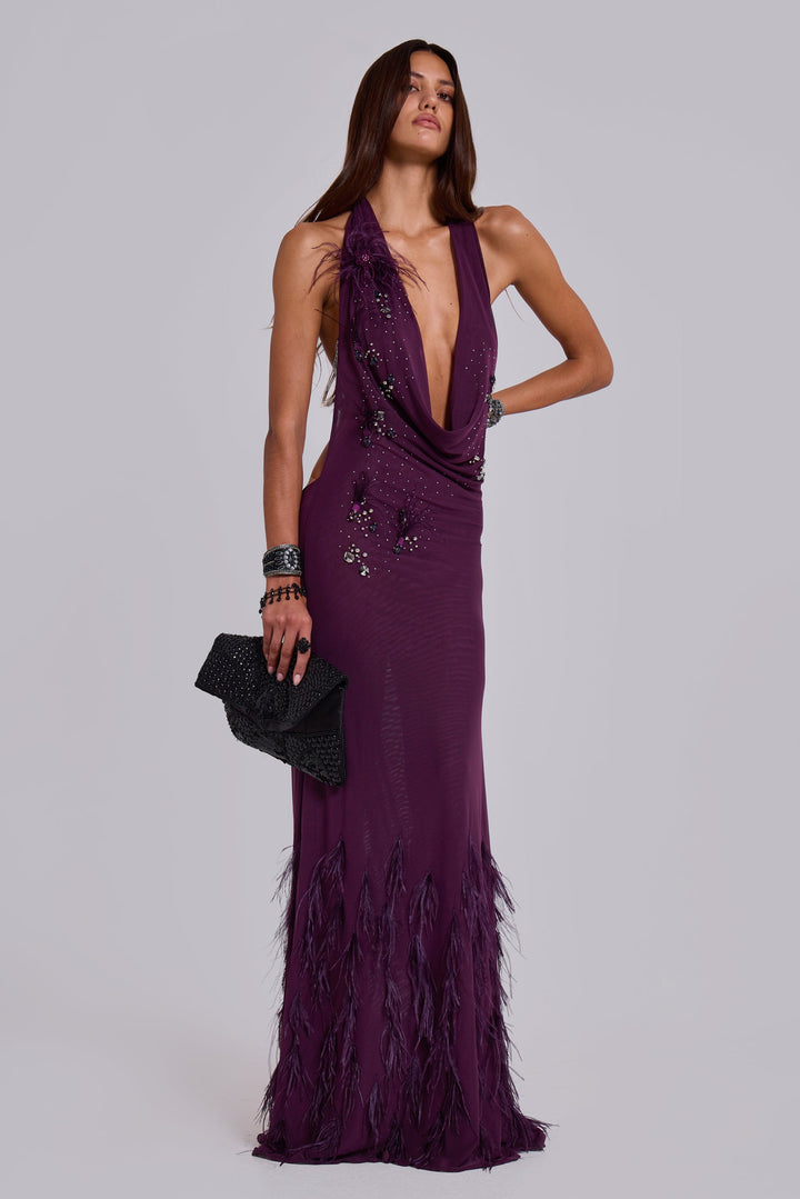 Valantomode | Stunning Maxi Dress with Feather Accents for Special Events