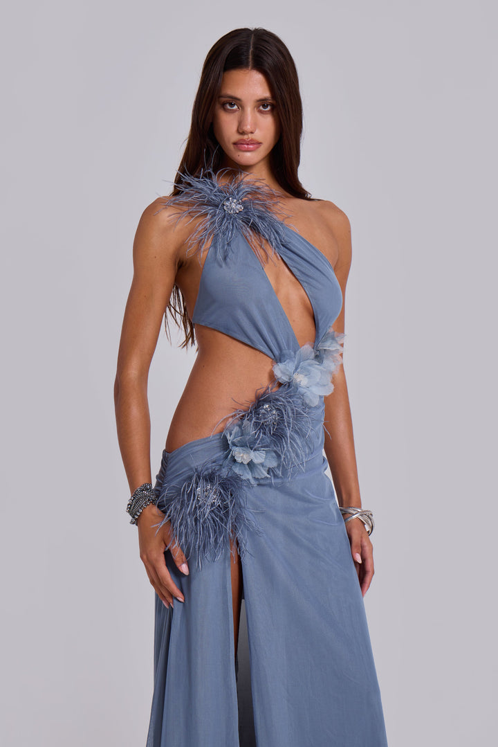 Valantomode | Chic Cut Out Maxi Dress with Feathers for Your Next Event