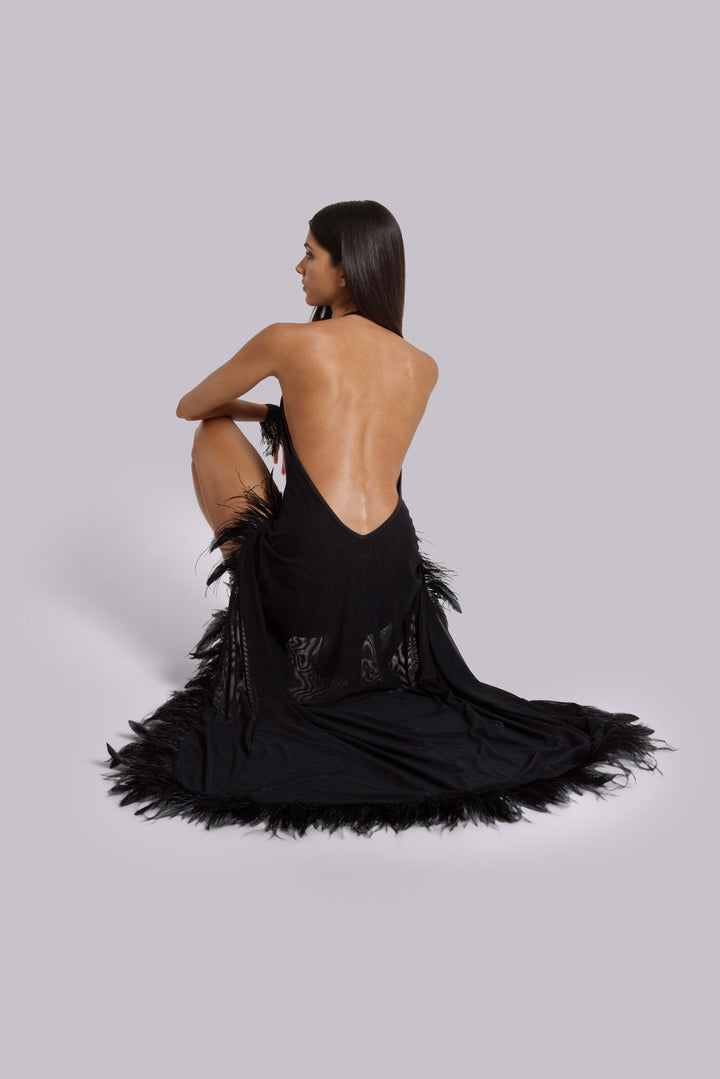 Valantomode | Chic Backless Maxi Dress with Feathers for Evening Events