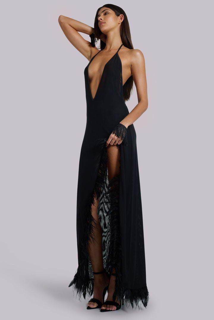 Valantomode | Chic Backless Maxi Dress with Feathers for Evening Events