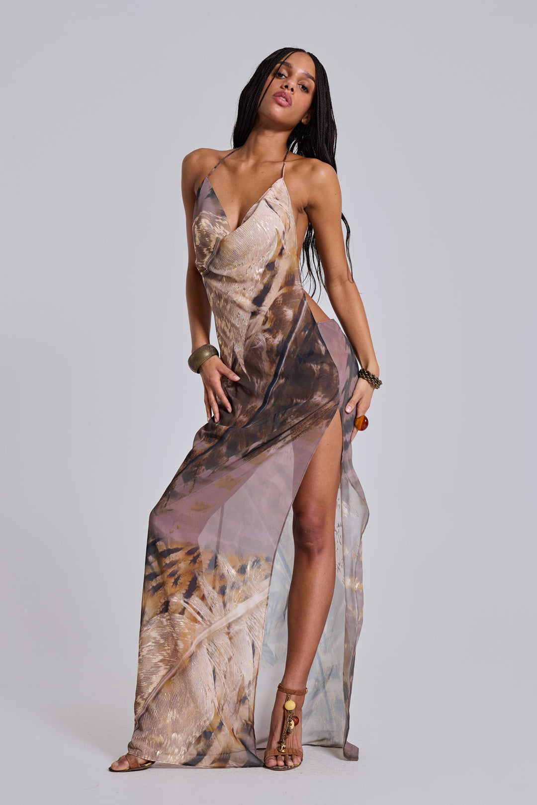 Valantomode | Stunning Metallic Backless Maxi Dress in Soft Chiffon