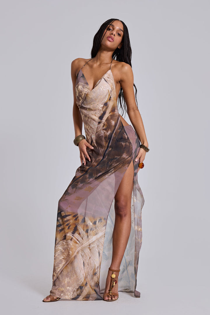 Valantomode | Stunning Metallic Backless Maxi Dress in Soft Chiffon