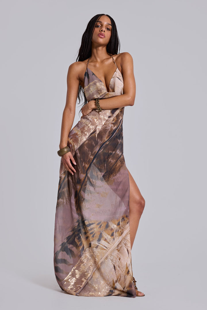 Valantomode | Stunning Metallic Backless Maxi Dress in Soft Chiffon