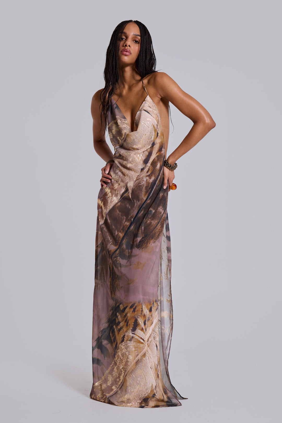 Valantomode | Stunning Metallic Backless Maxi Dress in Soft Chiffon